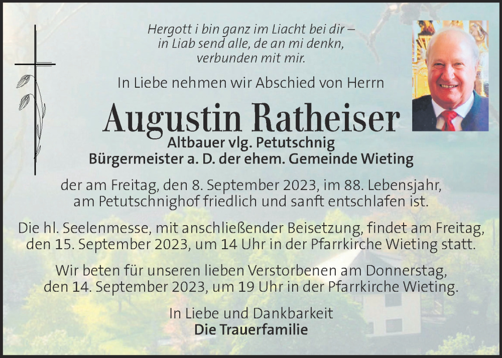  Traueranzeige für Augustin Ratheiser vom 12.09.2023 aus Kleine Zeitung