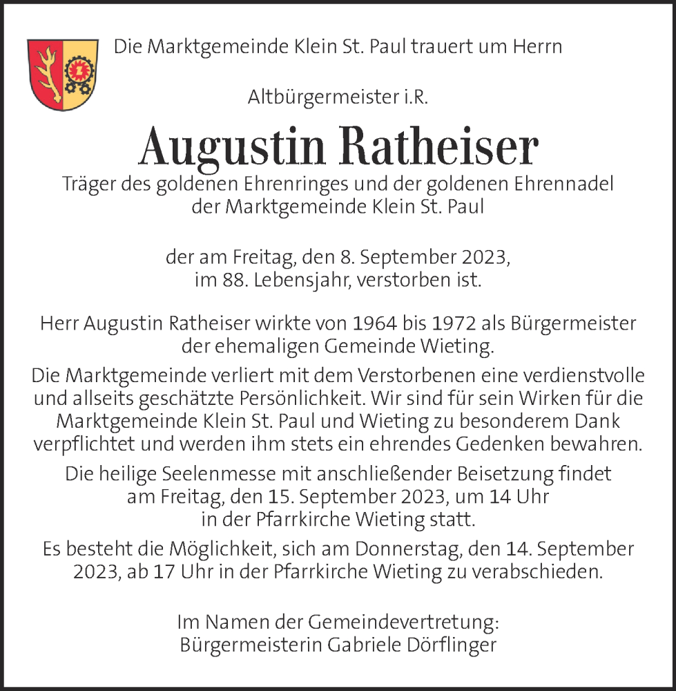  Traueranzeige für Augustin Ratheiser vom 13.09.2023 aus Kleine Zeitung