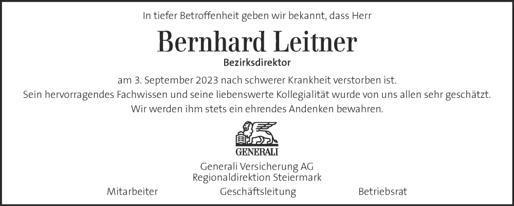  Traueranzeige für Bernhard Leitner vom 08.09.2023 aus Kleine Zeitung