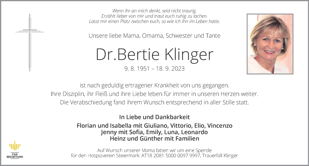  Traueranzeige für Bertie Klinger vom 24.09.2023 aus Kleine Zeitung