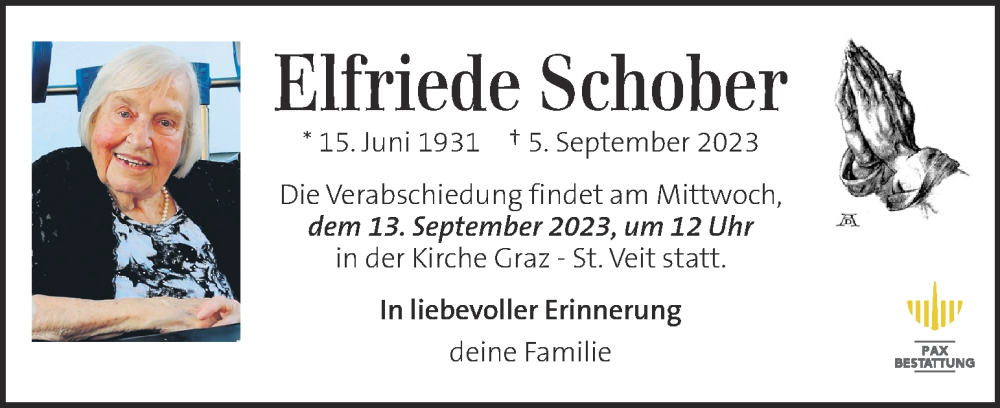  Traueranzeige für Elfriede Schober vom 10.09.2023 aus Kleine Zeitung