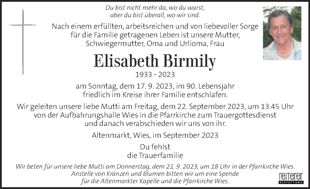  Traueranzeige für Elisabeth Birmily vom 20.09.2023 aus Kleine Zeitung