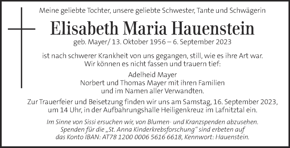  Traueranzeige für Elisabeth  Hauenstein vom 15.09.2023 aus Kleine Zeitung