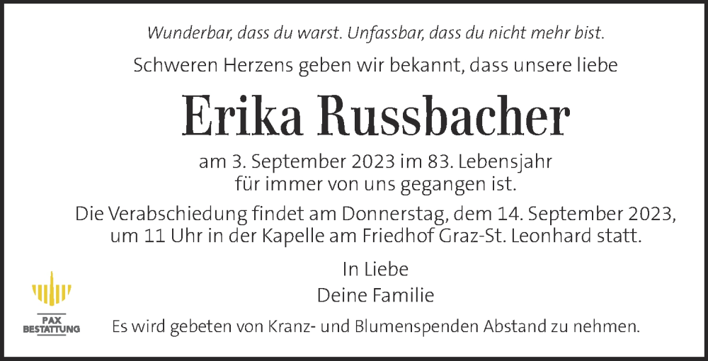  Traueranzeige für Erika Russbacher vom 08.09.2023 aus Kleine Zeitung