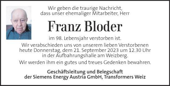 Traueranzeige von Franz Bloder von Kleine Zeitung