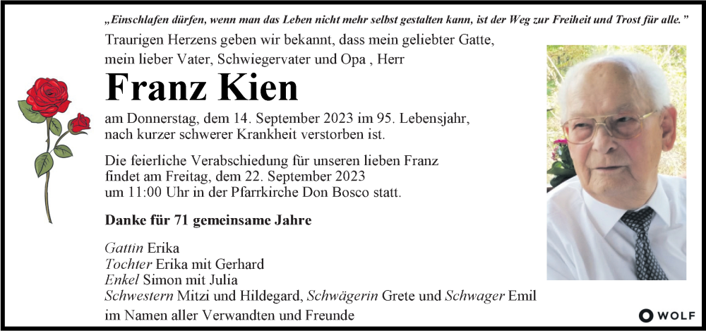  Traueranzeige für Franz Kien vom 17.09.2023 aus Kleine Zeitung