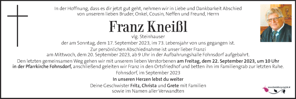  Traueranzeige für Franz Kneißl vom 20.09.2023 aus Kleine Zeitung