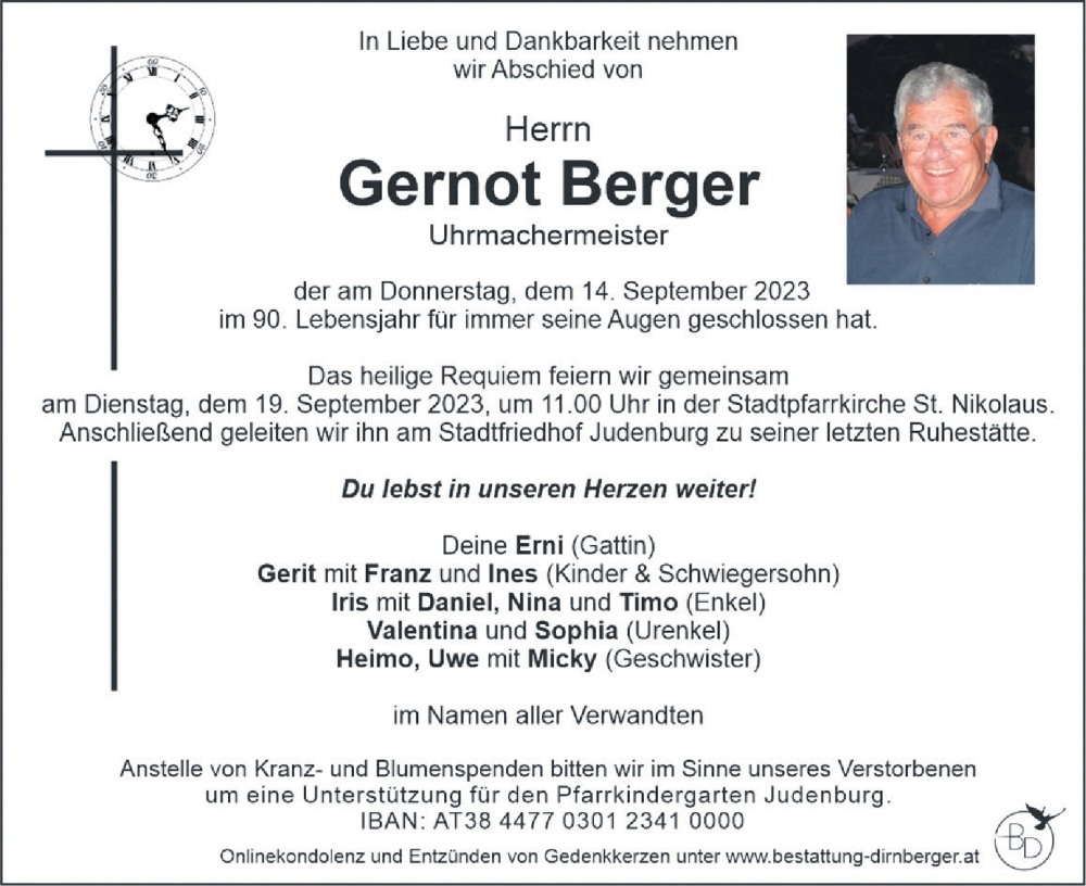  Traueranzeige für Gernot Berger vom 19.09.2023 aus Kleine Zeitung