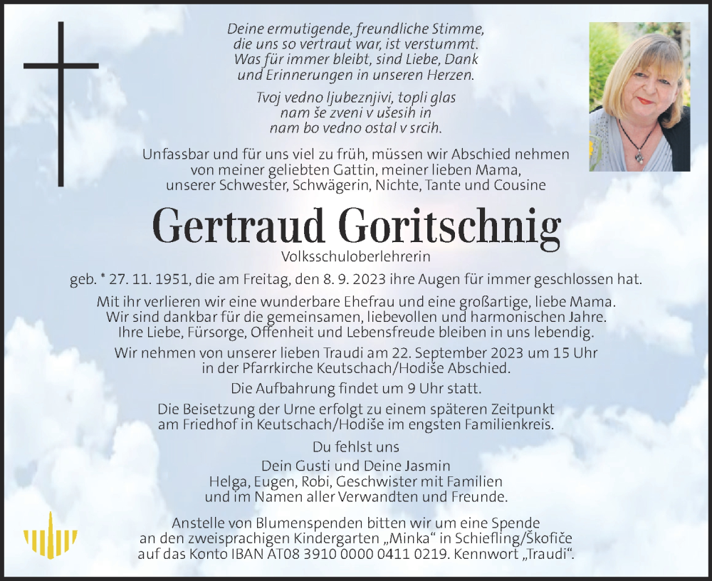  Traueranzeige für Gertraud Goritschnig vom 20.09.2023 aus Kleine Zeitung