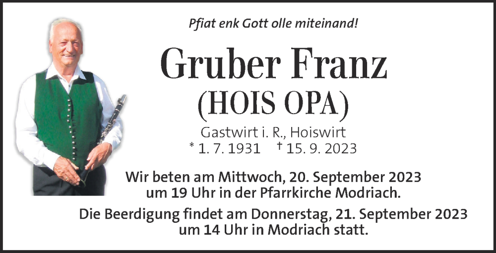  Traueranzeige für Gruber Franz vom 19.09.2023 aus Kleine Zeitung