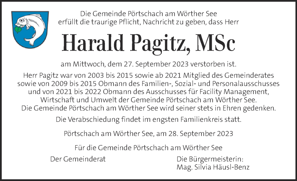  Traueranzeige für Harald Pagitz vom 01.10.2023 aus Kleine Zeitung