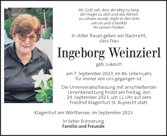 Traueranzeige von Ingeborg Weinzierl von Kleine Zeitung
