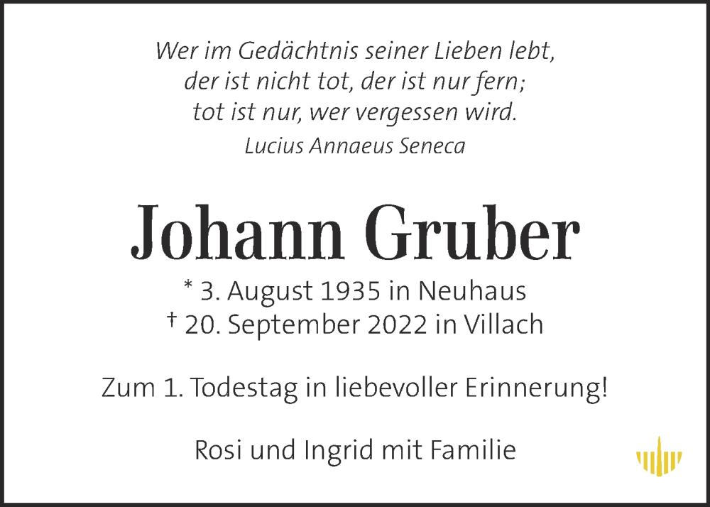  Traueranzeige für Johann Gruber vom 20.09.2023 aus Kleine Zeitung