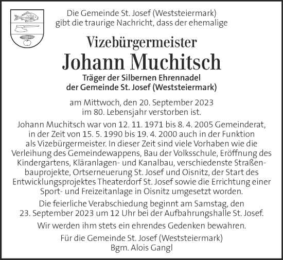 Traueranzeige von Johann Muchitsch von Kleine Zeitung
