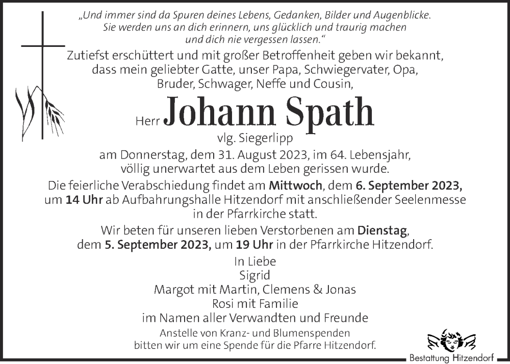  Traueranzeige für Johann Spath vom 02.09.2023 aus Kleine Zeitung