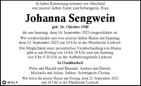 Traueranzeige von Johanna Sengwein von Kleine Zeitung