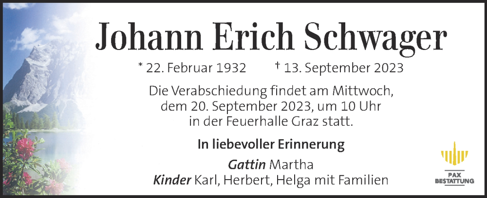  Traueranzeige für Johann Erich Schwager vom 17.09.2023 aus Kleine Zeitung