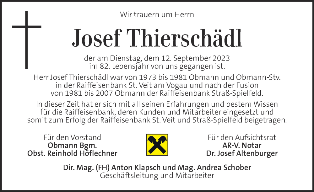  Traueranzeige für Josef Thierschädl vom 15.09.2023 aus Kleine Zeitung