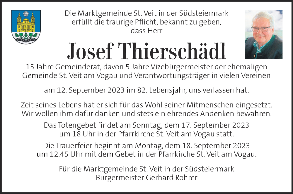  Traueranzeige für Josef Thierschädl vom 16.09.2023 aus Kleine Zeitung
