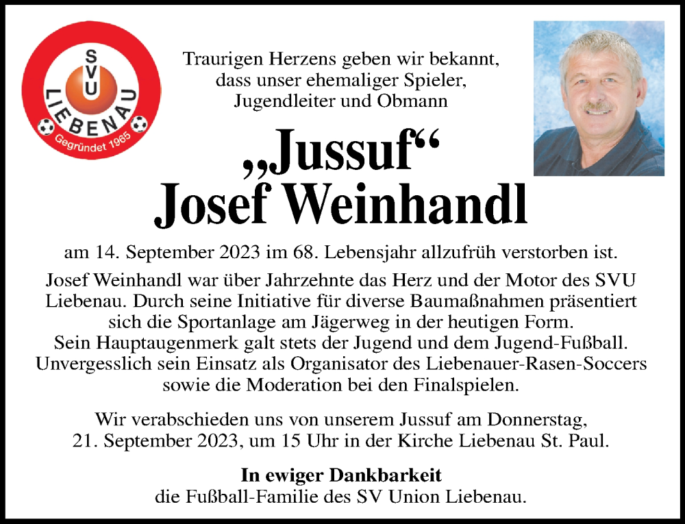  Traueranzeige für Josef Weinhandl vom 19.09.2023 aus Kleine Zeitung