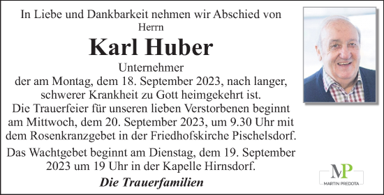 Traueranzeige von Karl Huber von Kleine Zeitung