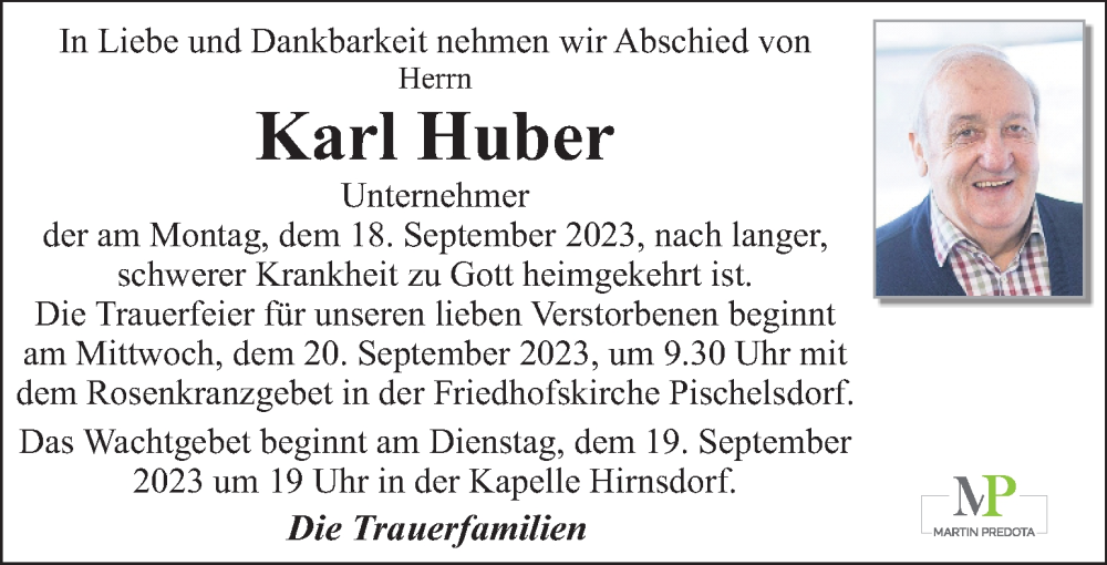  Traueranzeige für Karl Huber vom 19.09.2023 aus Kleine Zeitung