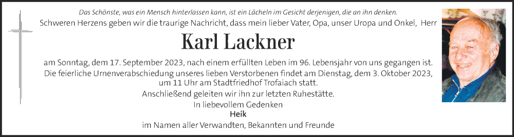  Traueranzeige für Karl Lackner vom 27.09.2023 aus Kleine Zeitung