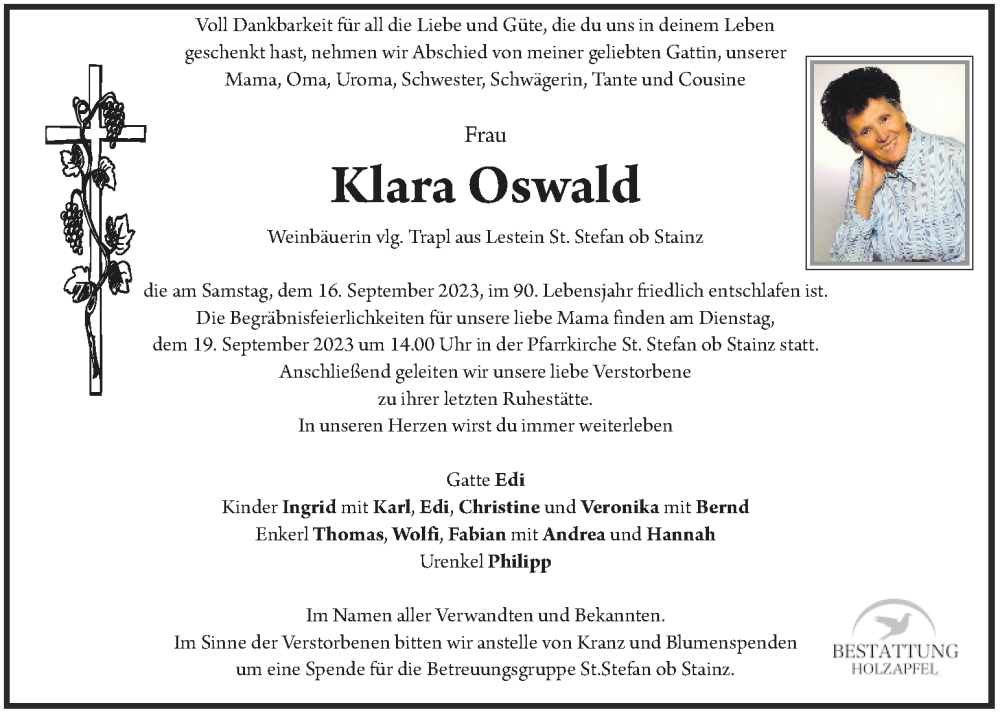  Traueranzeige für Klara Oswald vom 19.09.2023 aus Kleine Zeitung