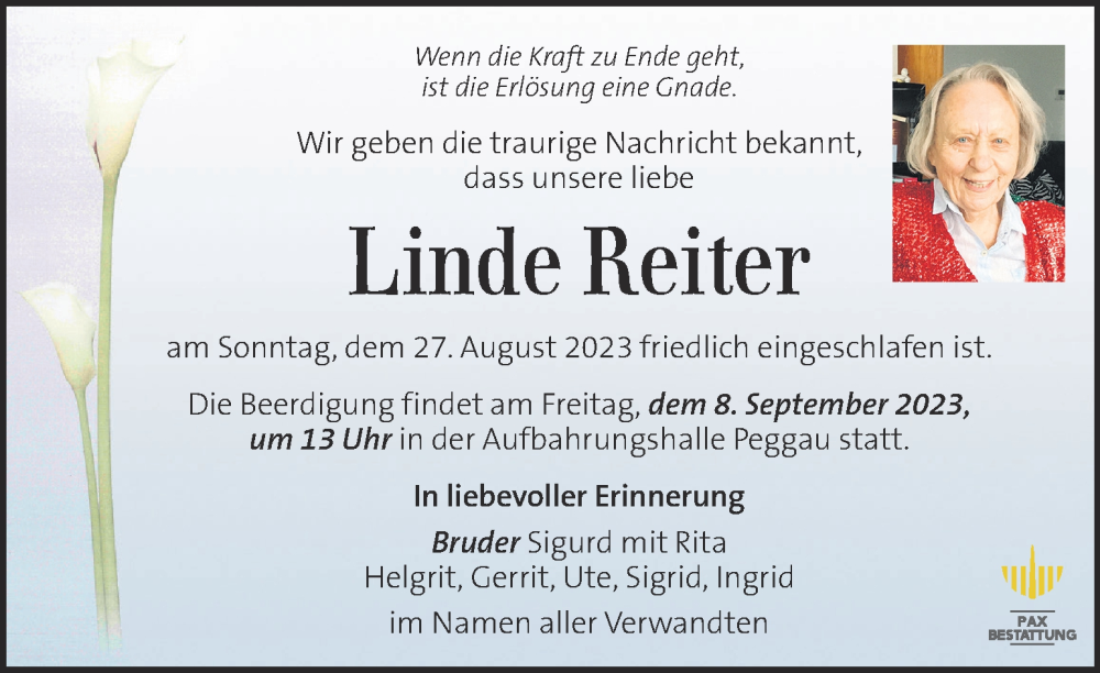  Traueranzeige für Linde Reiter vom 03.09.2023 aus Kleine Zeitung