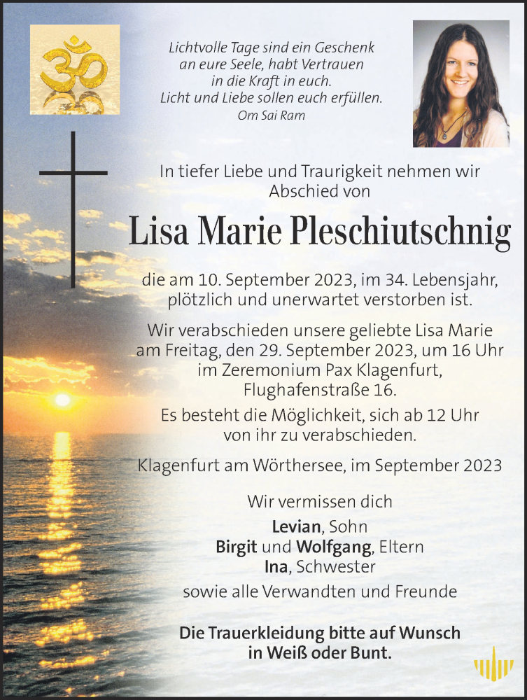  Traueranzeige für Lisa Marie Pleschiutschnig vom 16.09.2023 aus Kleine Zeitung