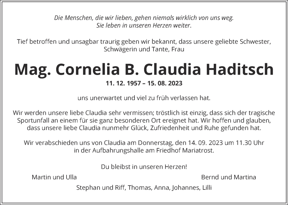  Traueranzeige für Mag. Cornelia B. Claudia Haditsch vom 09.09.2023 aus Kleine Zeitung