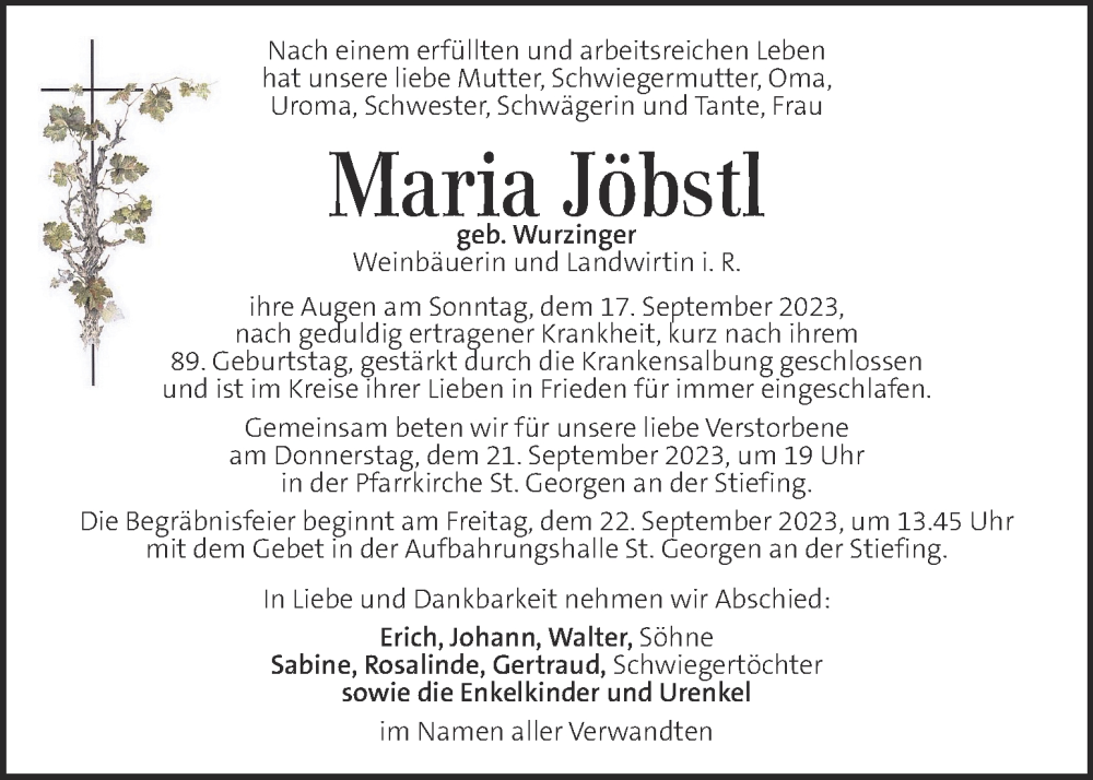  Traueranzeige für Maria Jöbstl vom 19.09.2023 aus Kleine Zeitung