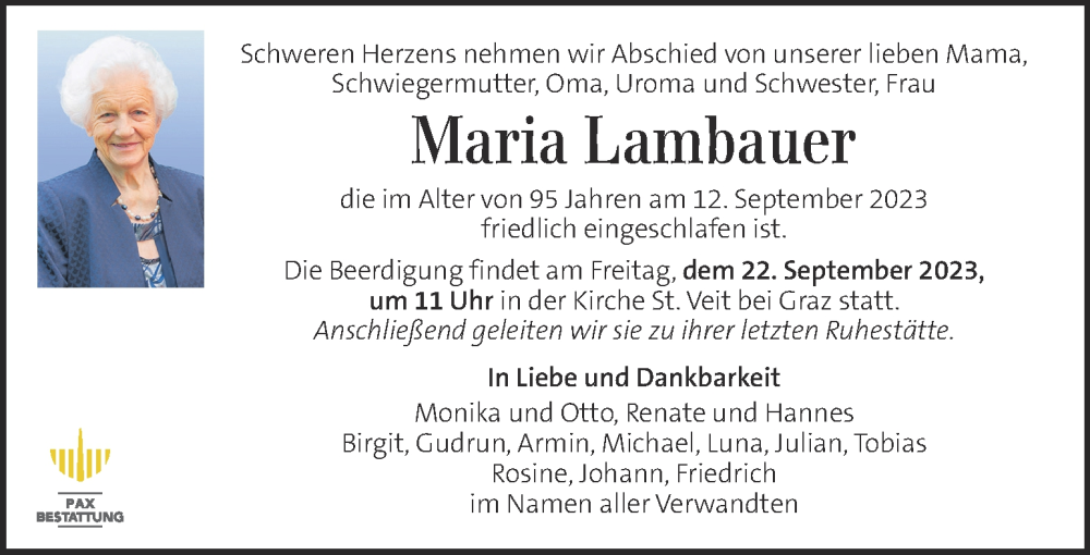  Traueranzeige für Maria Lambauer vom 17.09.2023 aus Kleine Zeitung