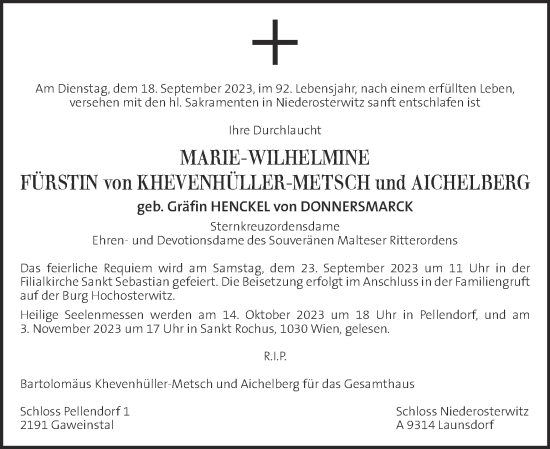 Traueranzeige von Marie-Wilhelmine Fürstin von HkevenhüllerMetsch und Aichelberg von Kleine Zeitung