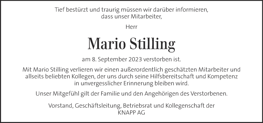  Traueranzeige für Mario Stilling vom 14.09.2023 aus Kleine Zeitung