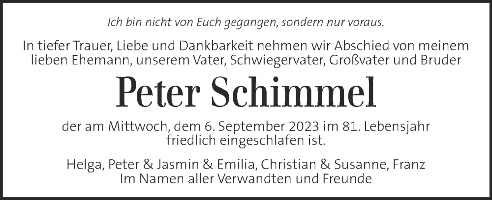  Traueranzeige für Peter Schimmel vom 30.09.2023 aus Kleine Zeitung