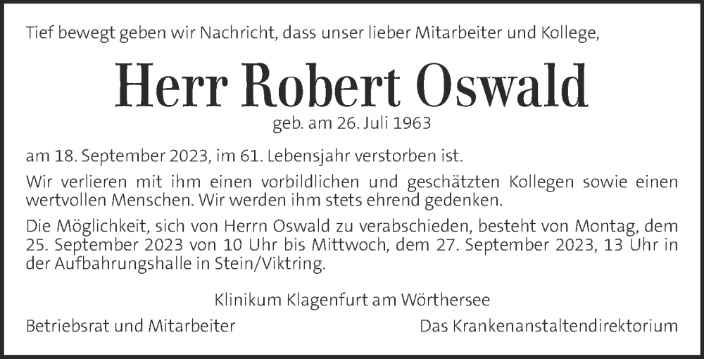  Traueranzeige für Robert Oswald vom 22.09.2023 aus Kleine Zeitung
