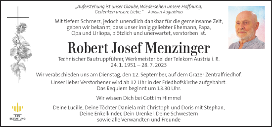 Traueranzeige von Robert Josef Menzinger von Kleine Zeitung