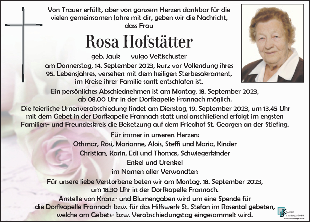  Traueranzeige für Rosa Hofstätter vom 17.09.2023 aus Kleine Zeitung