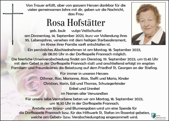 Traueranzeige von Rosa Hofstätter von Kleine Zeitung