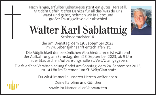 Traueranzeige von Walter Karl Sablatting von Kleine Zeitung