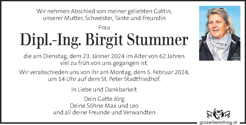  Traueranzeige für Birgit Stummer vom 30.01.2024 aus Kleine Zeitung