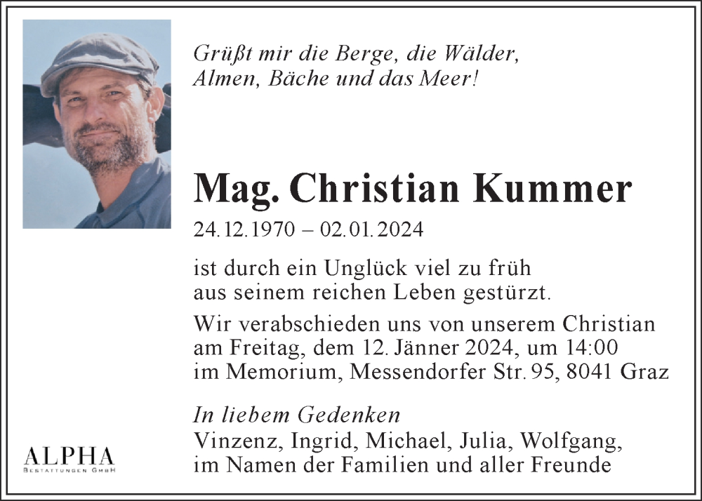  Traueranzeige für Christian Kummer vom 09.01.2024 aus Kleine Zeitung