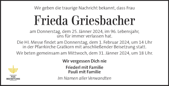 Traueranzeige von Frieda Griesbacher von Kleine Zeitung