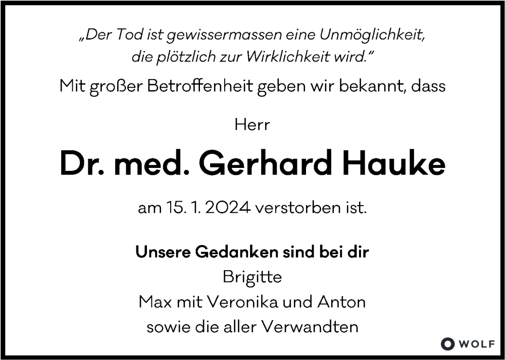  Traueranzeige für Gerhard Hauke vom 28.01.2024 aus Kleine Zeitung