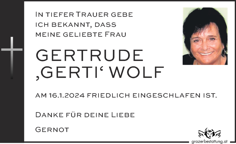  Traueranzeige für Gertrude Wolf vom 20.01.2024 aus Kleine Zeitung