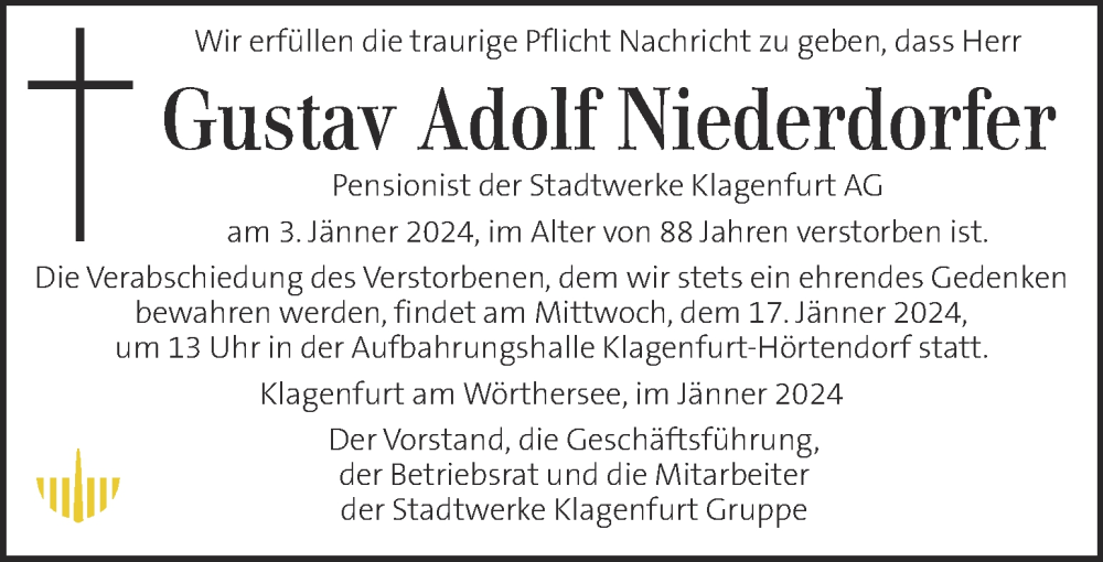  Traueranzeige für Gustav Adolf Niederdorfer vom 06.01.2024 aus Kleine Zeitung
