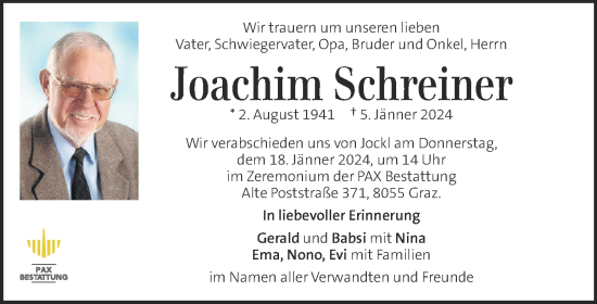 Traueranzeige von Joachim Schreiner von Kleine Zeitung