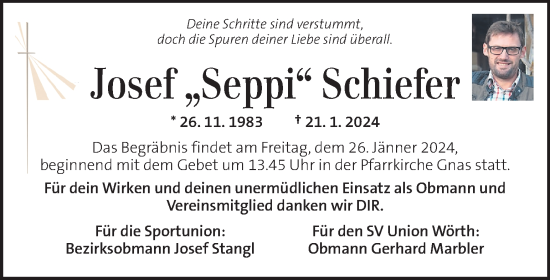 Traueranzeige von Josef Schiefer von Kleine Zeitung