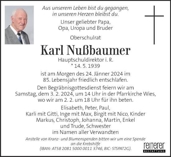 Traueranzeigen von Karl Nußbaumer | trauer.kleinezeitung.at